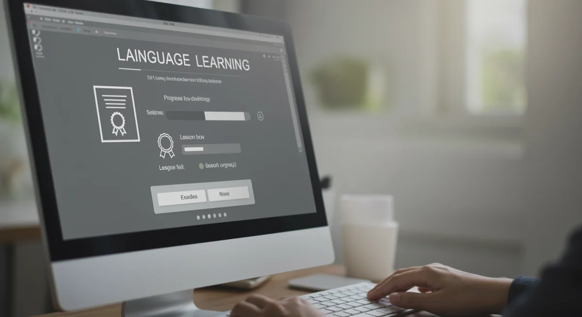 Computer screen showing language learning app with certificate icon