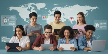 Students learning languages on digital platforms with global map in background