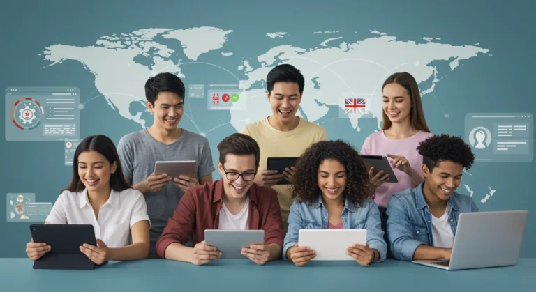 Students learning languages on digital platforms with global map in background