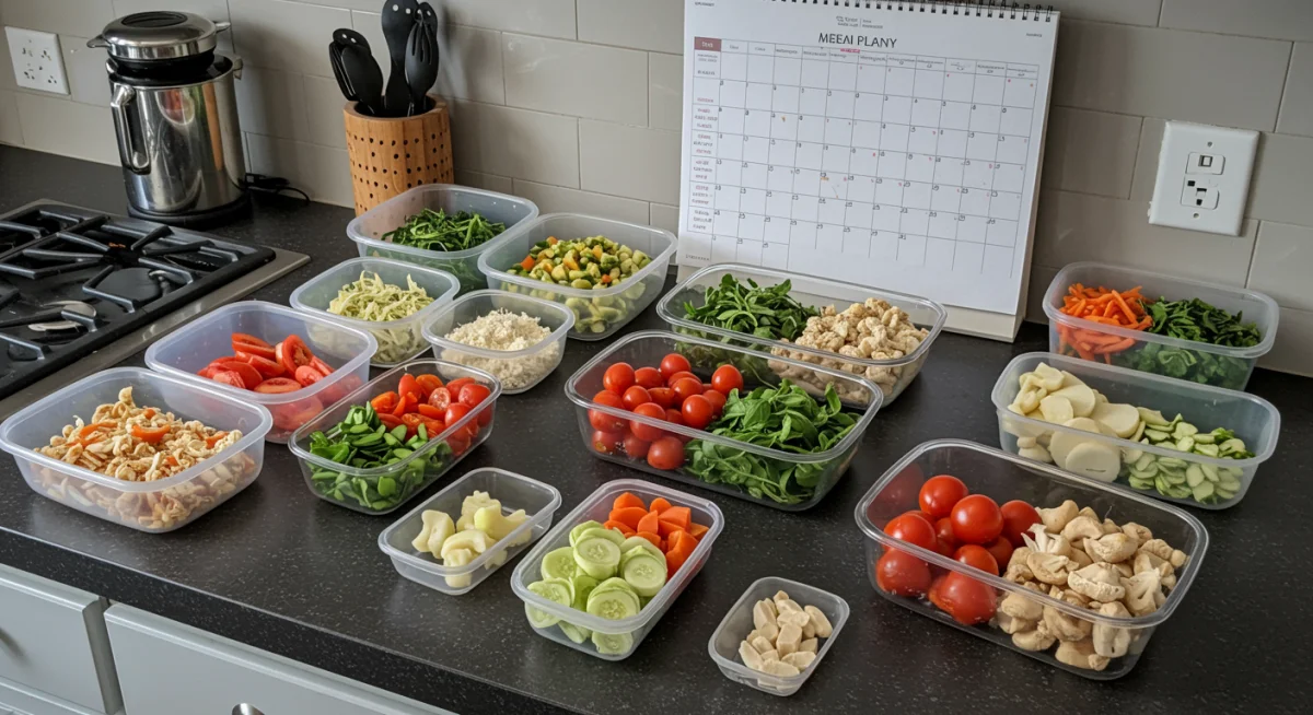 Meal-prepped food containers and a weekly meal plan on a kitchen counter.