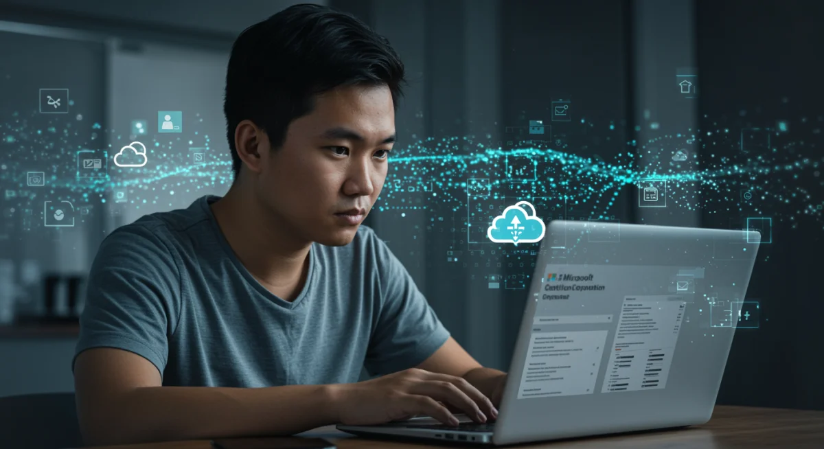 Professional studying for Microsoft certification exam on a laptop