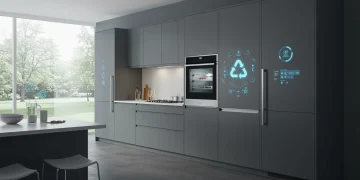 Modern kitchen with smart appliances, demonstrating energy efficiency and futuristic home living.
