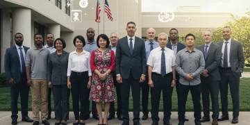Diverse individuals standing before a government building, representing new federal aid programs for citizens in 2026.
