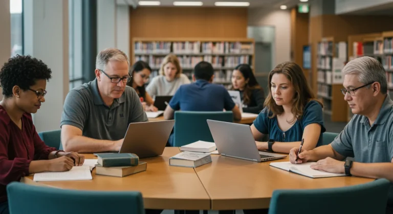 Diverse group of adult learners studying together in a university library.