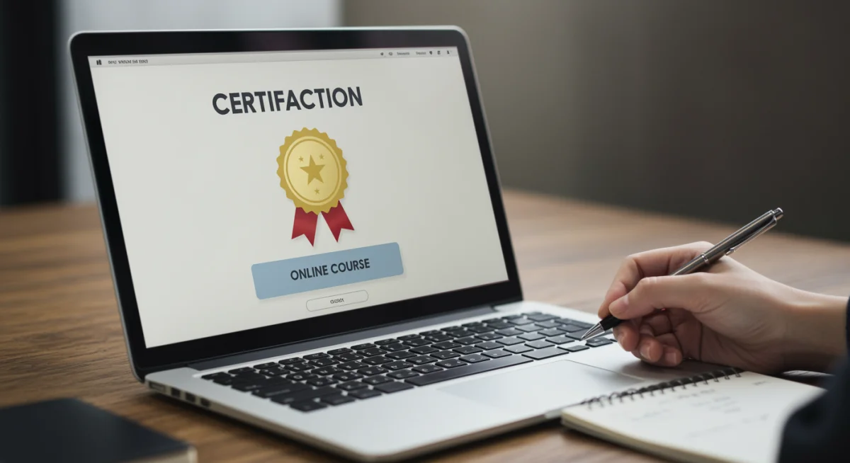 Online course completion certificate on laptop screen