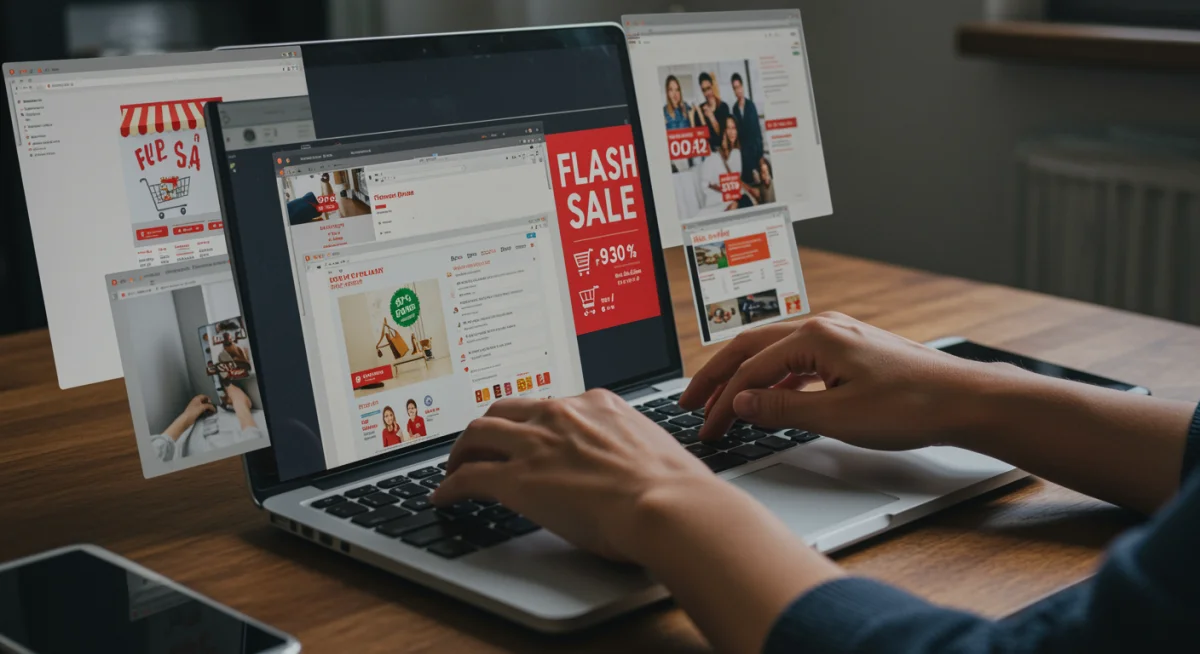 Person actively searching and comparing products on a laptop during an online flash sale.