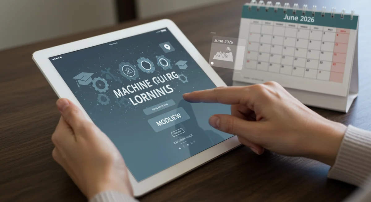 Hand navigating online machine learning course module with June 2026 deadline