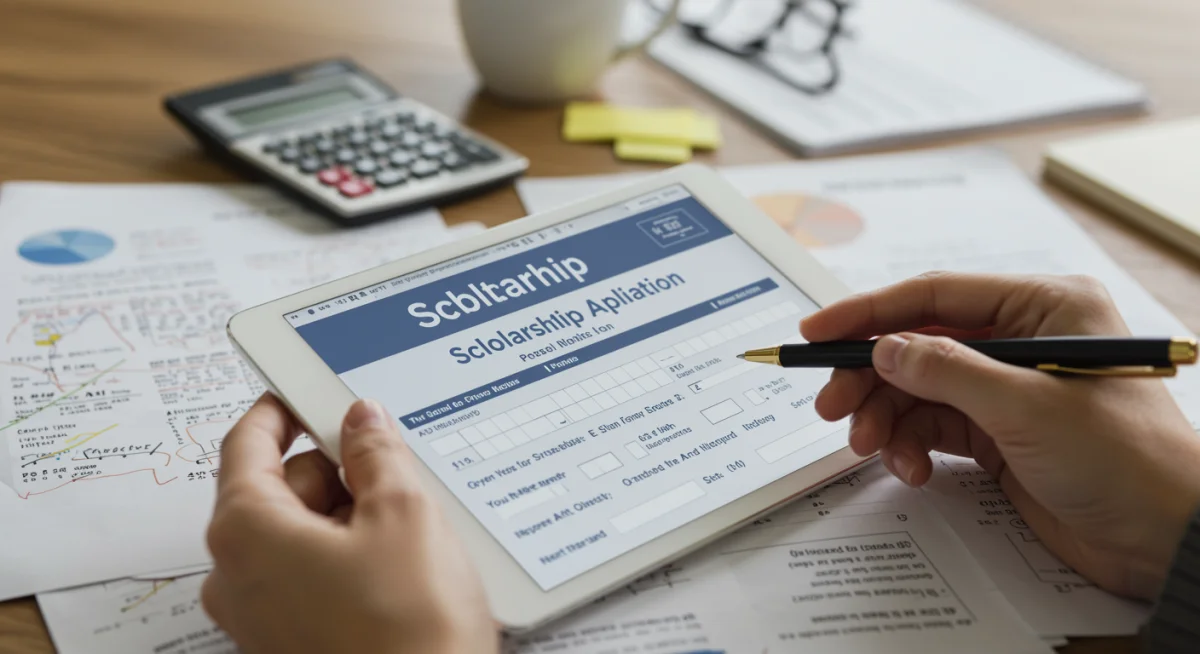 Hand filling out online scholarship application on a tablet, representing the digital application process for financial aid.