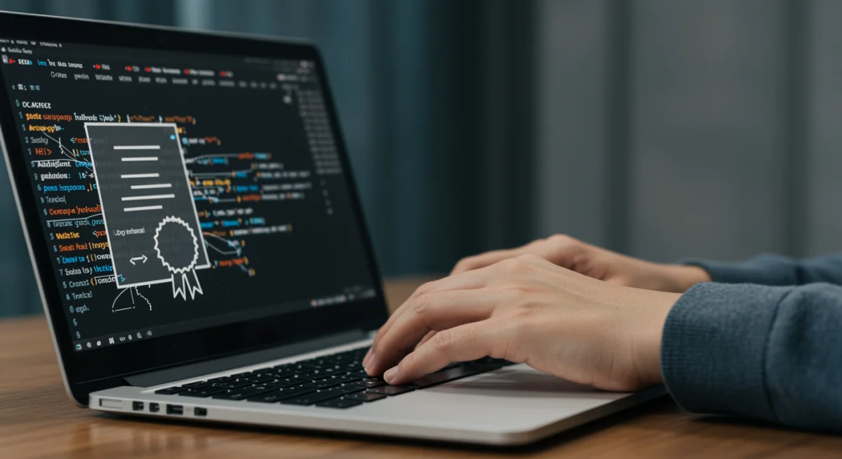 Hands typing code on a laptop, symbolizing online skill acquisition