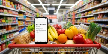 Organized grocery cart with digital shopping list, symbolizing efficient shopping.