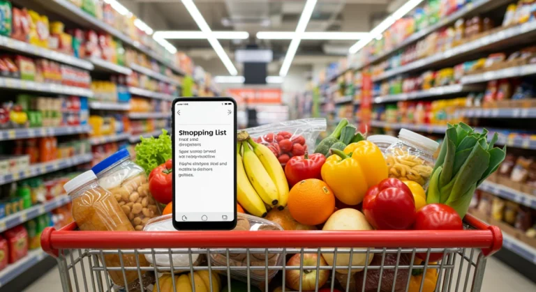 Organized grocery cart with digital shopping list, symbolizing efficient shopping.