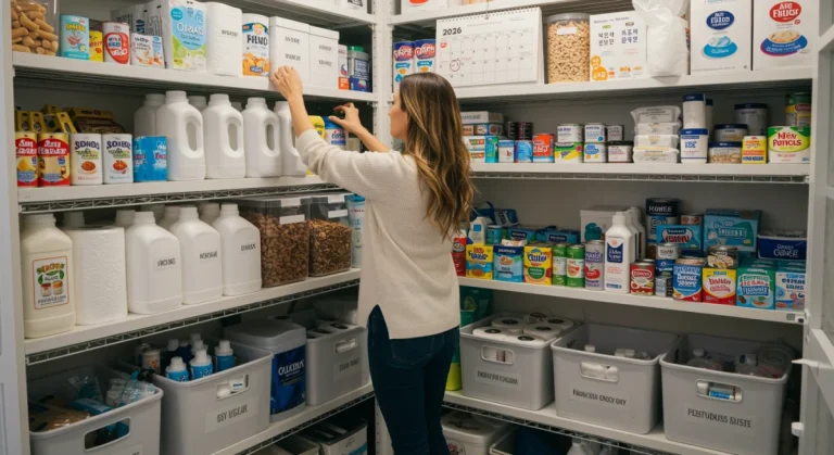 Organized pantry with bulk household essentials for 2026 savings