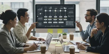 Professionals collaborating on a project plan in a modern office setting.
