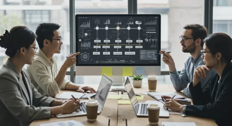 Professionals collaborating on a project plan in a modern office setting.