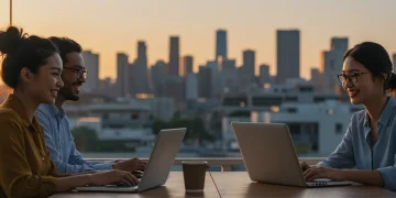 Professionals working remotely with laptops, showcasing U.S. remote work opportunities and free certifications.