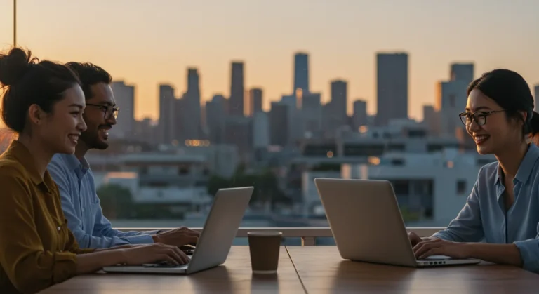 Professionals working remotely with laptops, showcasing U.S. remote work opportunities and free certifications.