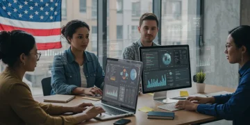 Diverse individuals engaging in remote work training with government grant support