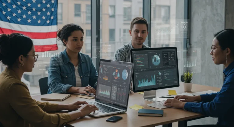 Diverse individuals engaging in remote work training with government grant support