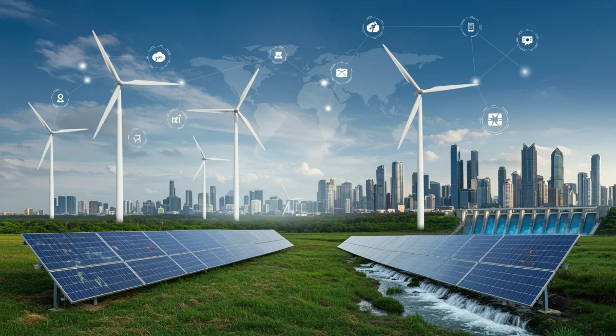 Sustainable energy infrastructure integrated into a smart city environment.