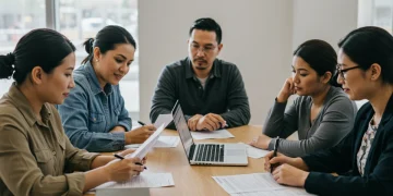 Group preparing rental assistance application forms