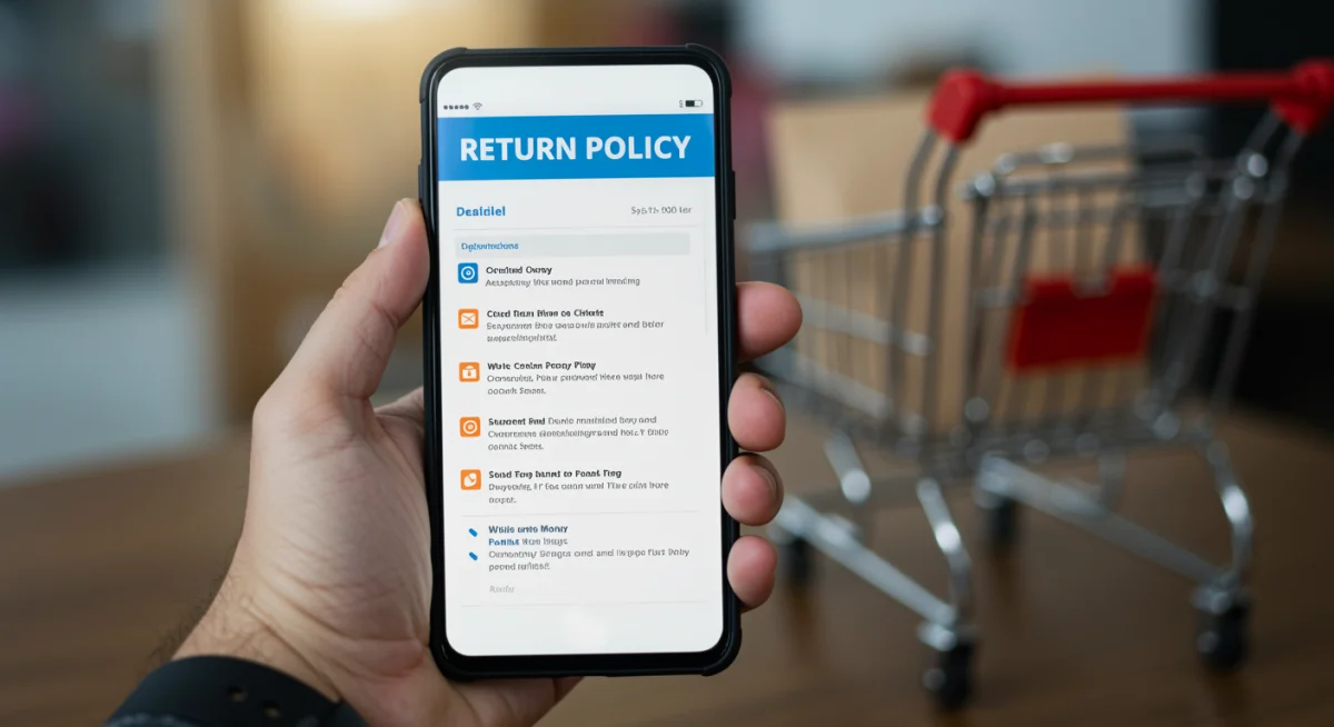 Reviewing detailed digital return policy on smartphone before making a purchase