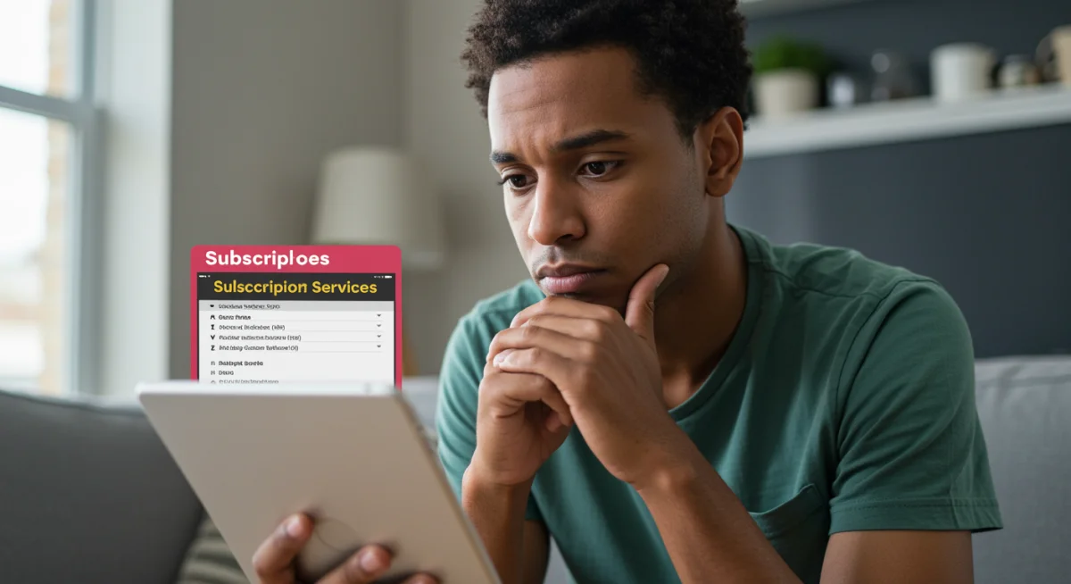 Person reviewing subscription services on a tablet, considering cancellations to save money