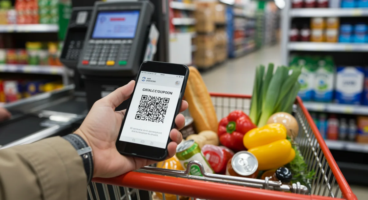 Hand scanning a digital coupon at a self-checkout with a shopping cart full of groceries.
