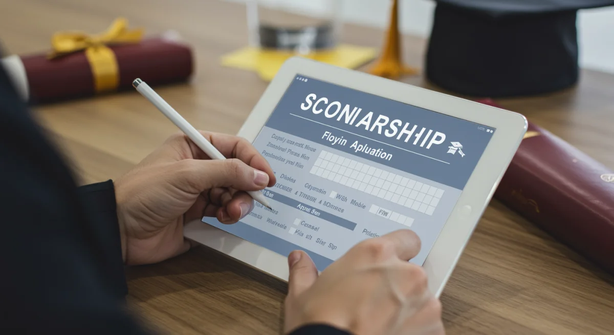 Student diligently completing a scholarship application form