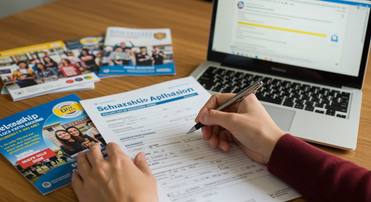 Student filling out scholarship application form with pen
