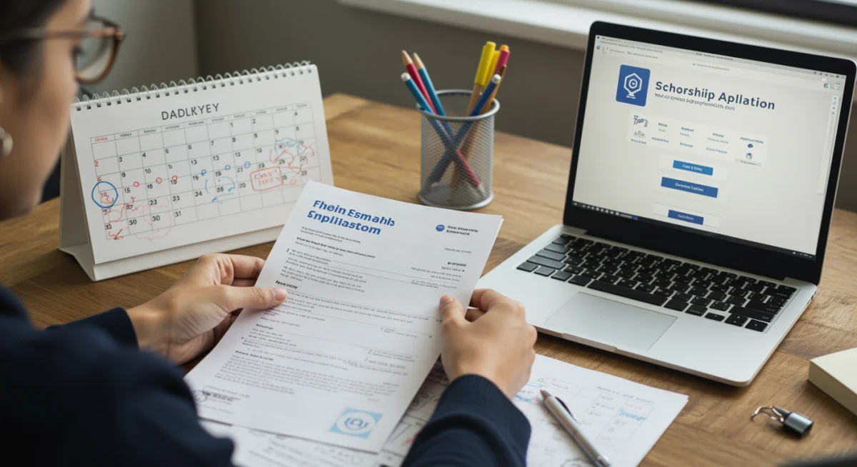 Student organizing documents for 2026 scholarship applications, highlighting detailed preparation