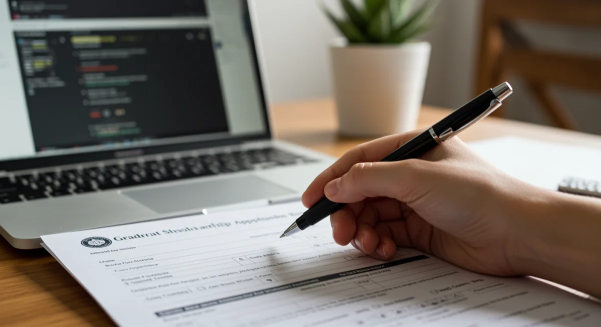 Hand highlighting scholarship application details on a form, with a laptop in background