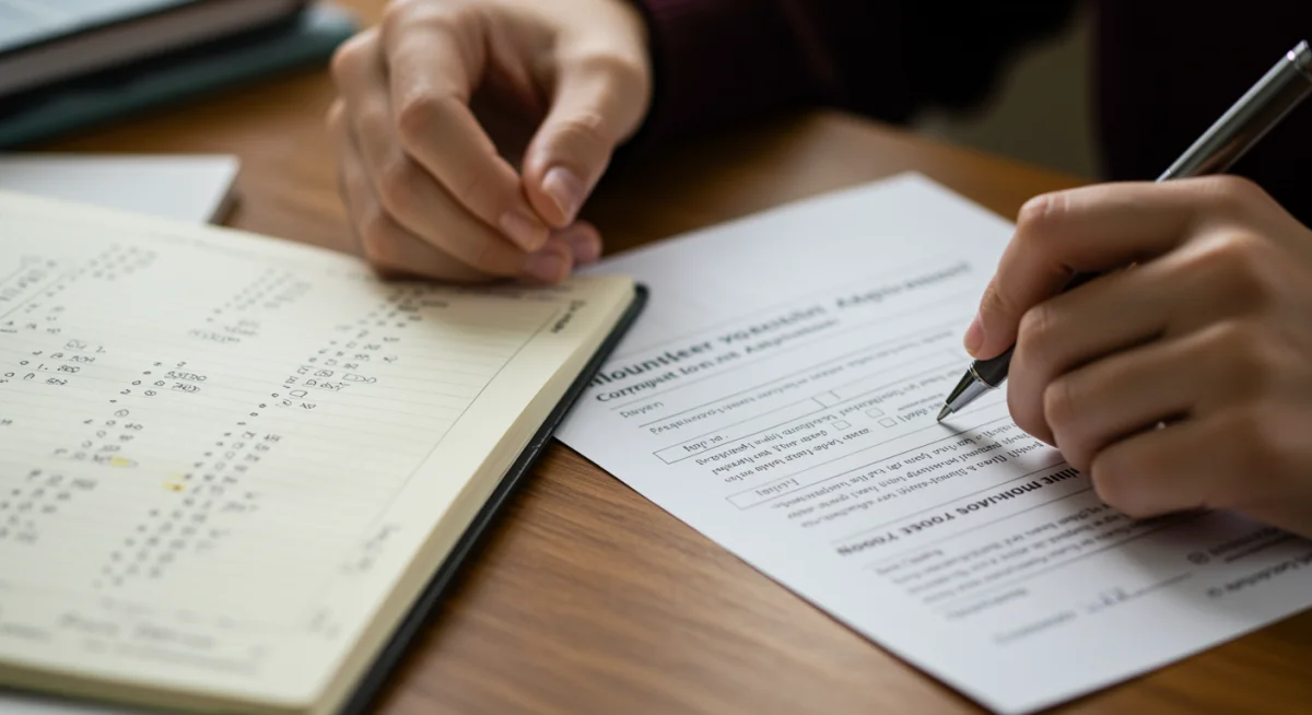 Student meticulously filling out a scholarship application, highlighting volunteer experience as a key component.