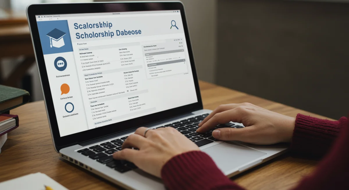 Laptop displaying a scholarship search engine with filters and results