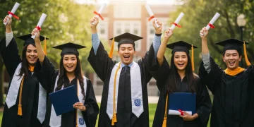 Triumphant students celebrating scholarship success on a university campus.
