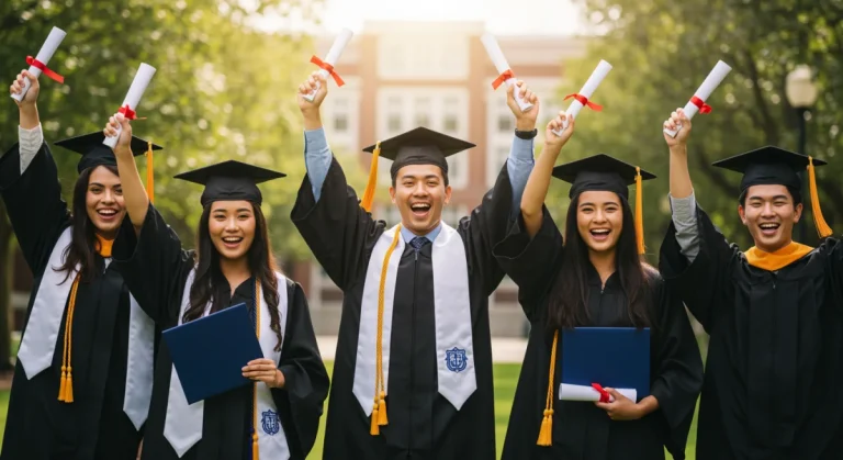 Triumphant students celebrating scholarship success on a university campus.