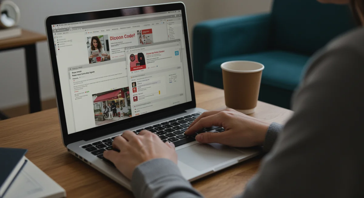 Person searching for verified discount codes on a laptop for online shopping.