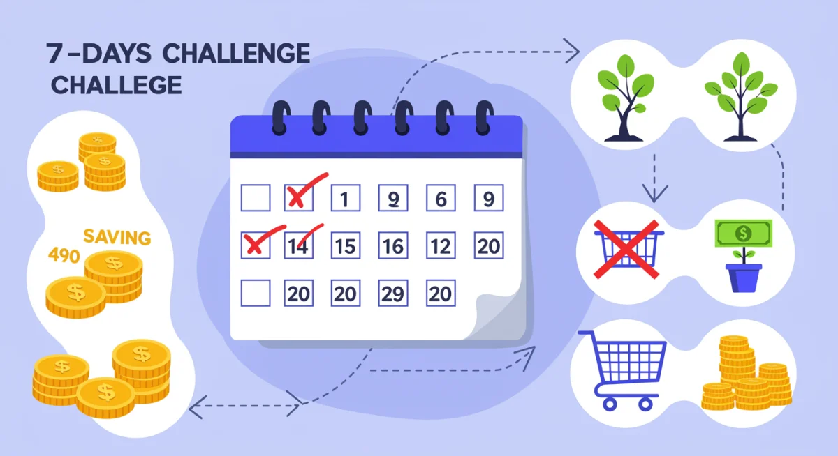 7-day challenge calendar with savings and no impulse buying icons.