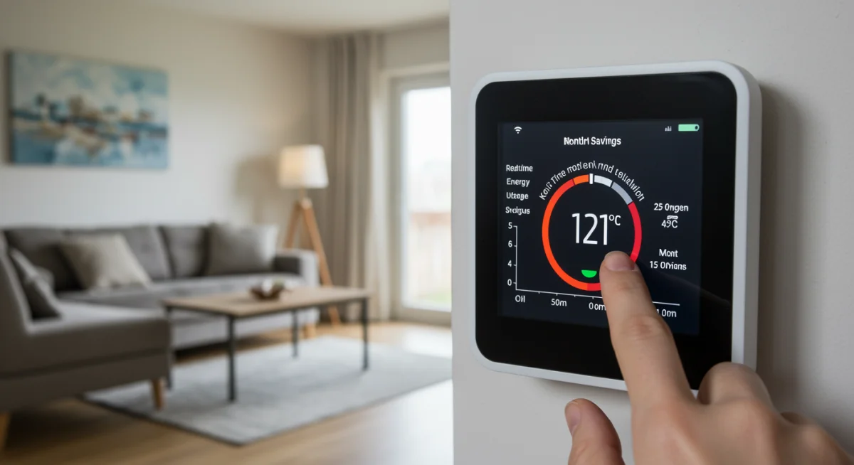 Smart thermostat showing energy savings and real-time usage data.
