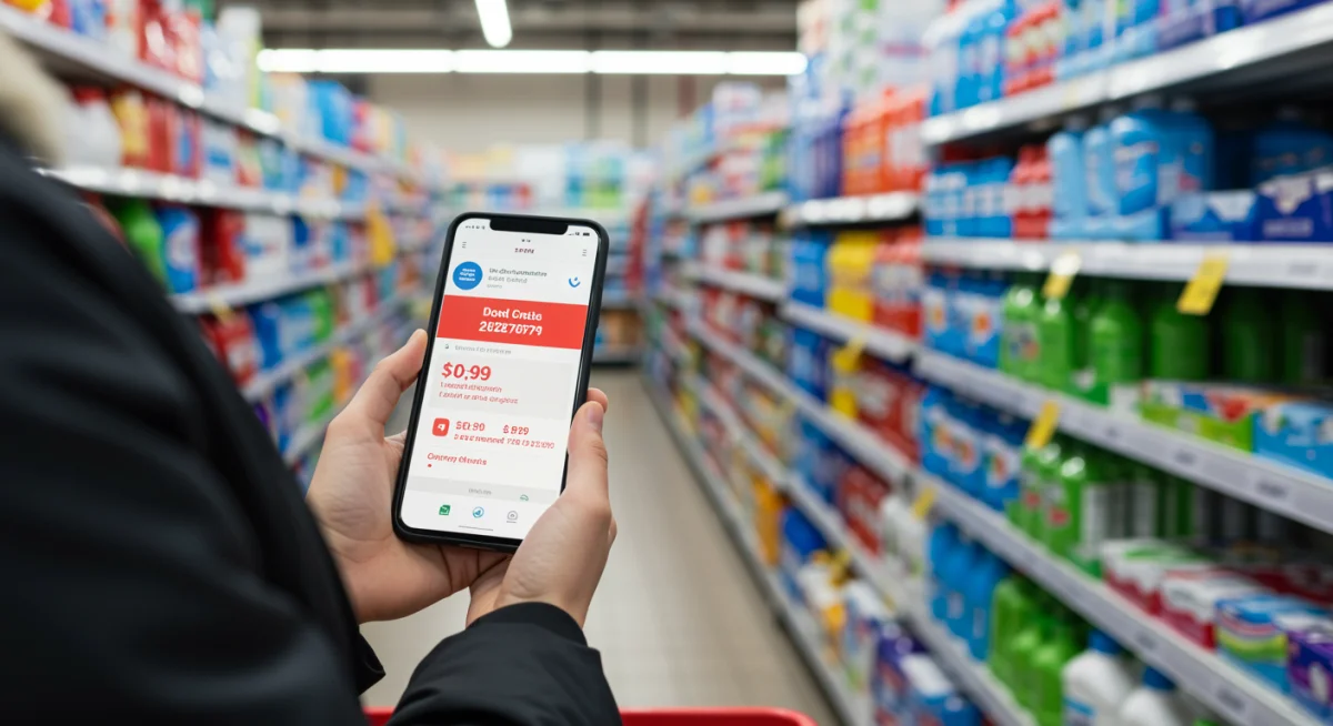 Person comparing prices for household essentials on a smartphone