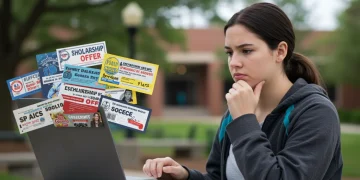 Student carefully examining online scholarship offers on a laptop