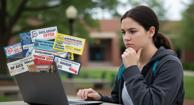 Student carefully examining online scholarship offers on a laptop
