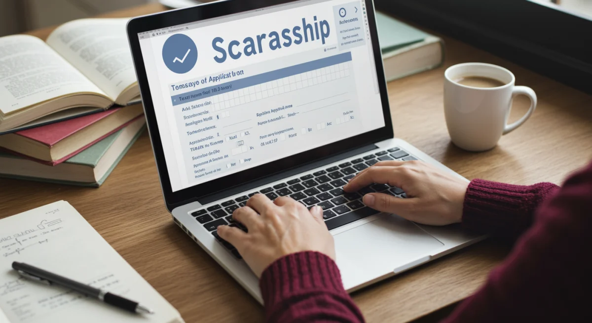 Student diligently researching and applying for scholarships on a laptop with textbooks.