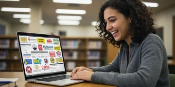 Student finding scholarships online on a laptop in a library