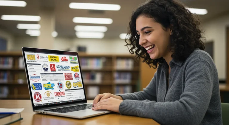 Student finding scholarships online on a laptop in a library