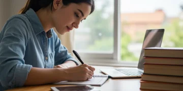 Student writing scholarship essay with determination