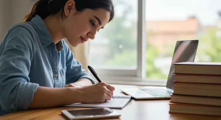 Student writing scholarship essay with determination