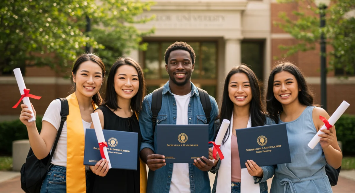 Diverse group of students celebrating academic success with diplomas