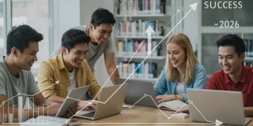 Students researching scholarship requirements for 2026 in a modern library