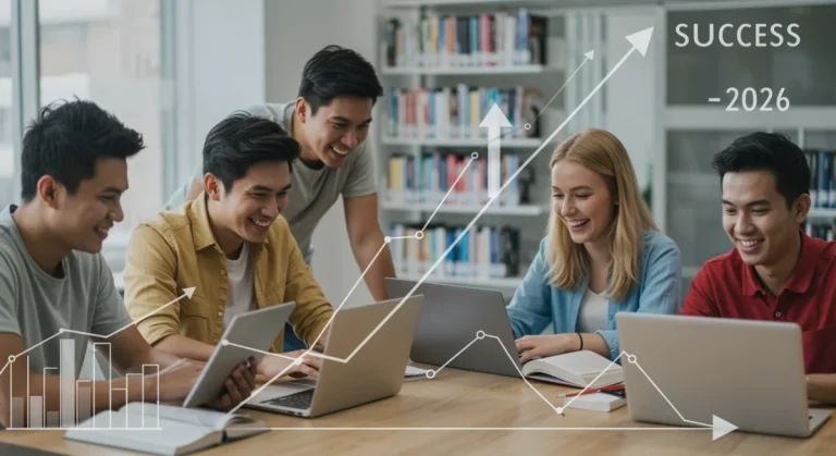 Students researching scholarship requirements for 2026 in a modern library