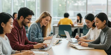 Students collaboratively studying in a bright university library, symbolizing academic success and financial aid opportunities.